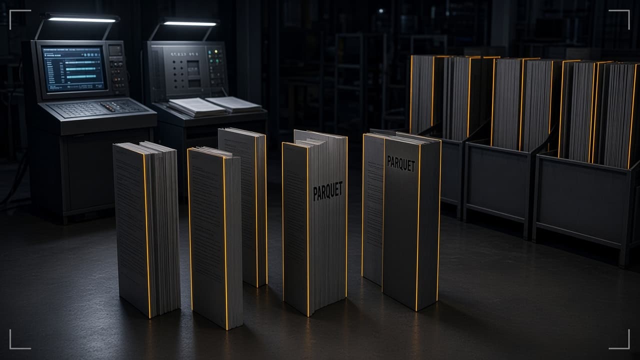 Night archive bay under cool-white task lamps: database consoles and loose document pages become tall columnar file blocks with thin amber edges, then rest in open steel storage cages. One block is stamped PARQUET.