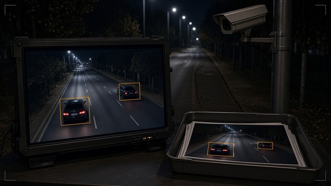 Night street under cool-white lamps: a pole-mounted CCTV camera, a steel monitor showing two cars in thin amber detection boxes, and a tray of captured stills.
