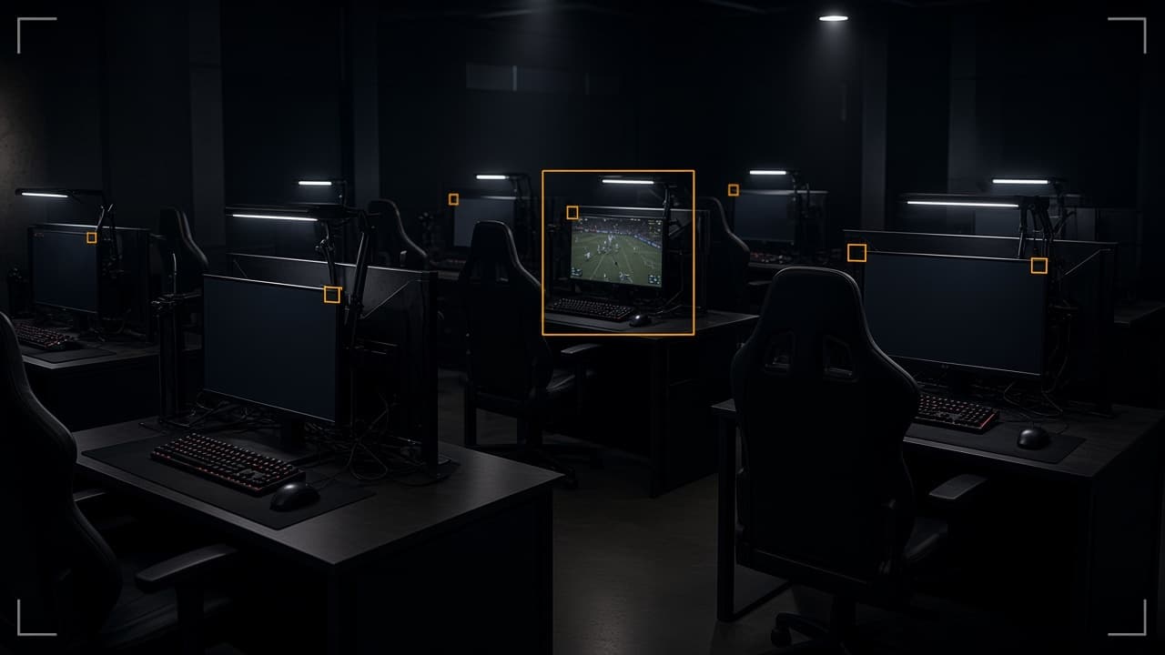 Night gaming floor under cool-white lamps: a few player stations carry a thin amber score tick, one station brighter as a likely buyer, the rest quiet.