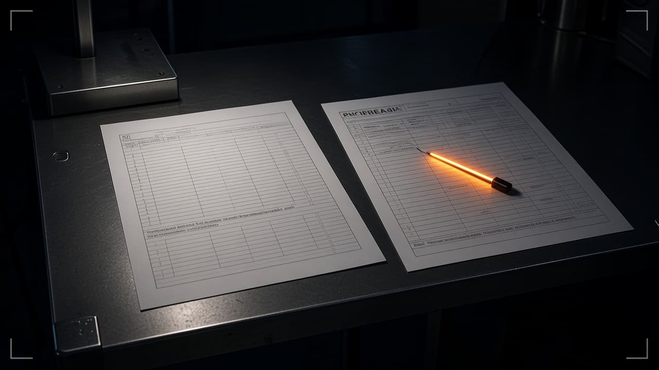 Night steel desk under a cool-white lamp: two unbranded scoring sheets, one ruled like a spreadsheet, with a thin amber instrument pen on the research record. Faint corner ticks.
