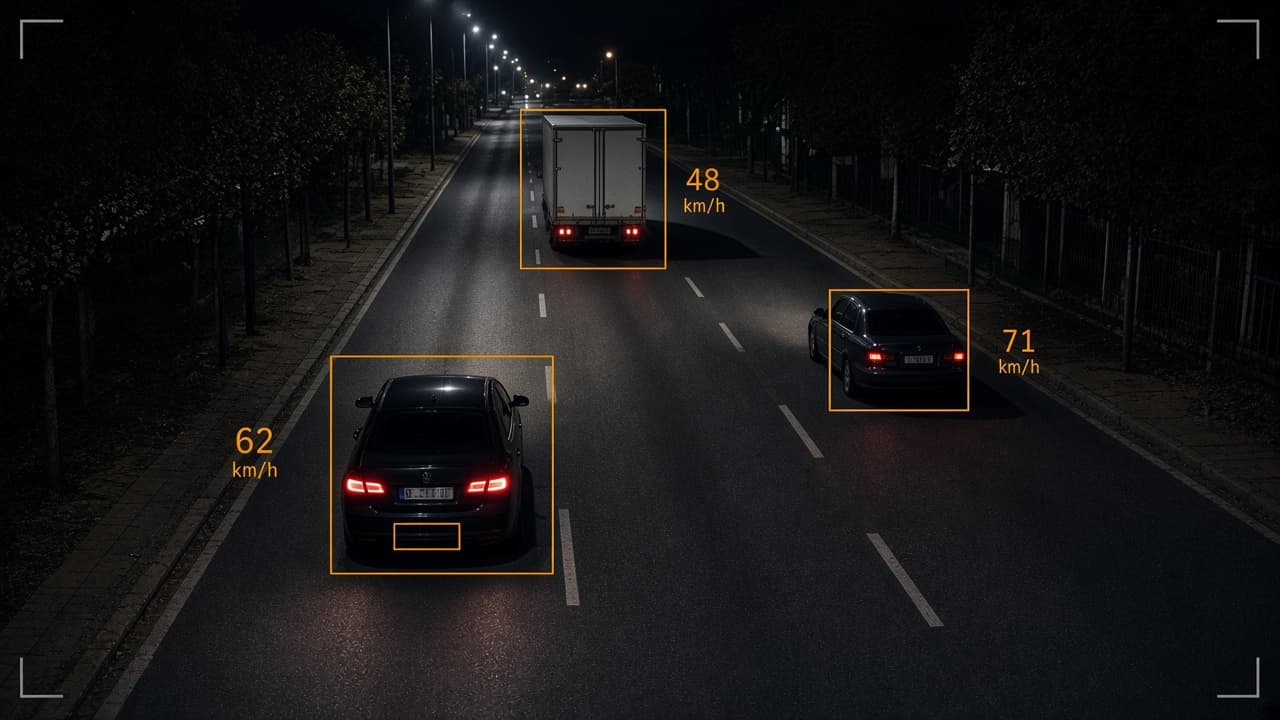 Night road from a fixed camera: three vehicles in amber detection boxes with speed readings, one plate marked.