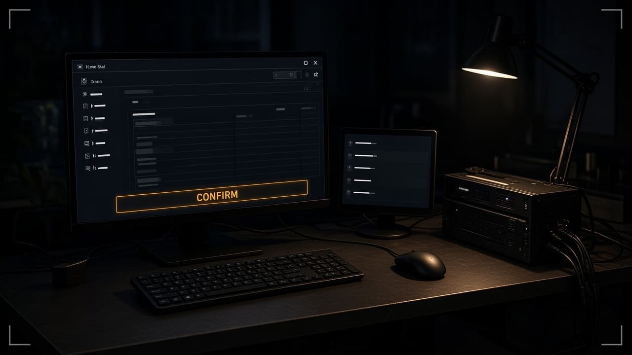 Night desk under a task lamp: a local machine showing an order confirm, a small unbranded chat-setup screen beside it, and a steel unit with cables.